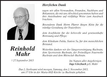 Traueranzeige von Reinhold Mahr 