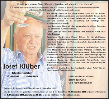 Traueranzeige von Josef Klüber 