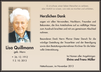 Traueranzeige von Lisa Quillmann 