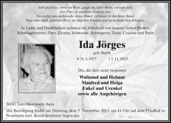 Traueranzeige von Ida Jörges 