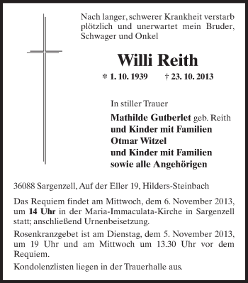 Traueranzeige von Willi Reith 