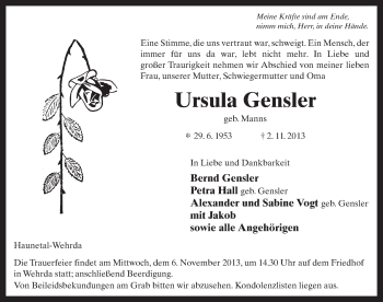 Traueranzeige von Ursula Gensler 