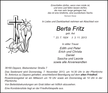 Traueranzeige von Berta Fritz 