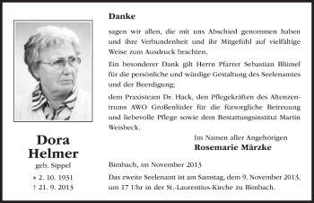 Traueranzeige von Dora Helmer 