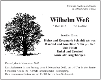 Traueranzeige von Wilhelm Weß 