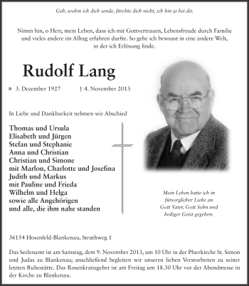 Traueranzeige von Rudolf Lang 