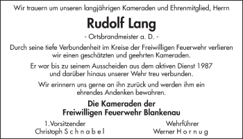 Traueranzeige von Rudolf Lang 