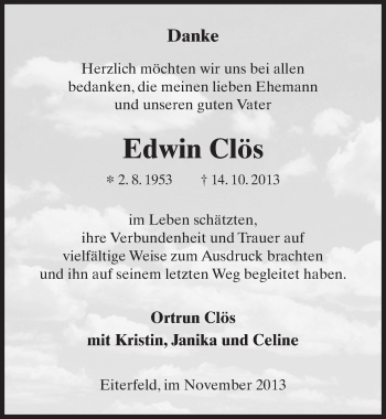 Traueranzeige von Edwin Clös 