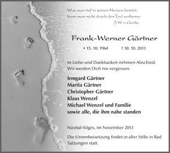 Traueranzeige von Frank-Werner Gärtner 