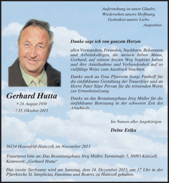 Traueranzeige von Gerhard Hutta 