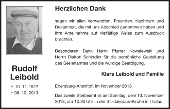 Traueranzeige von Rudolf Leibold 