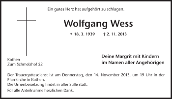 Traueranzeige von Wolfgang Wess 