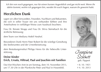 Traueranzeige von Josephine Schmitt 