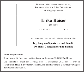 Traueranzeige von Erika Kaiser 