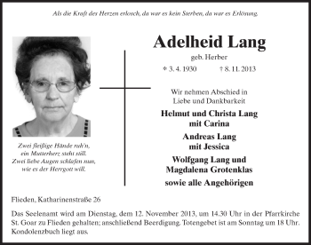 Traueranzeige von Adelheid Lang 