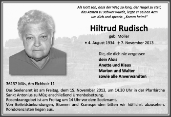 Traueranzeige von Hiltrud Rudisch 