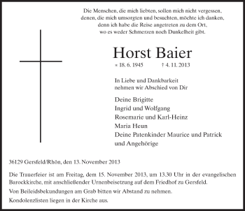 Traueranzeige von Horst Baier 