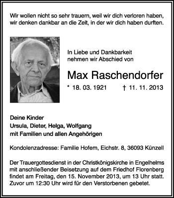 Traueranzeige von Max Raschendorfer 