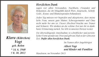 Traueranzeige von Klara Vogt 