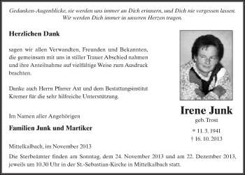 Traueranzeige von Irene Junk 