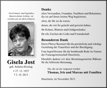 Traueranzeige von Gisela Jost 