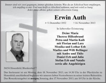 Traueranzeige von Erwin Auth 