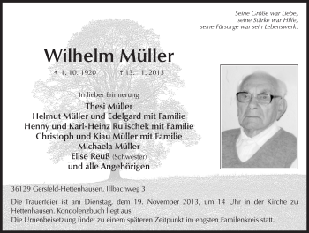 Traueranzeige von Wilhelm Müller 