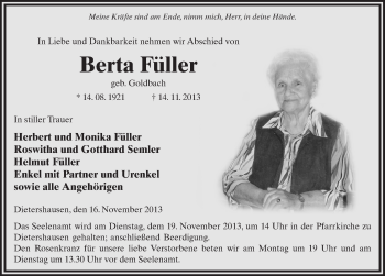 Traueranzeige von Berta Füller 