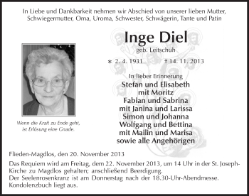 Traueranzeige von Inge Diel 