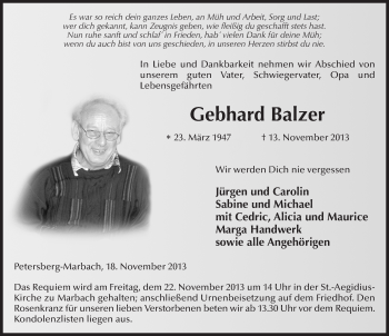 Traueranzeige von Gebhard Balzer 