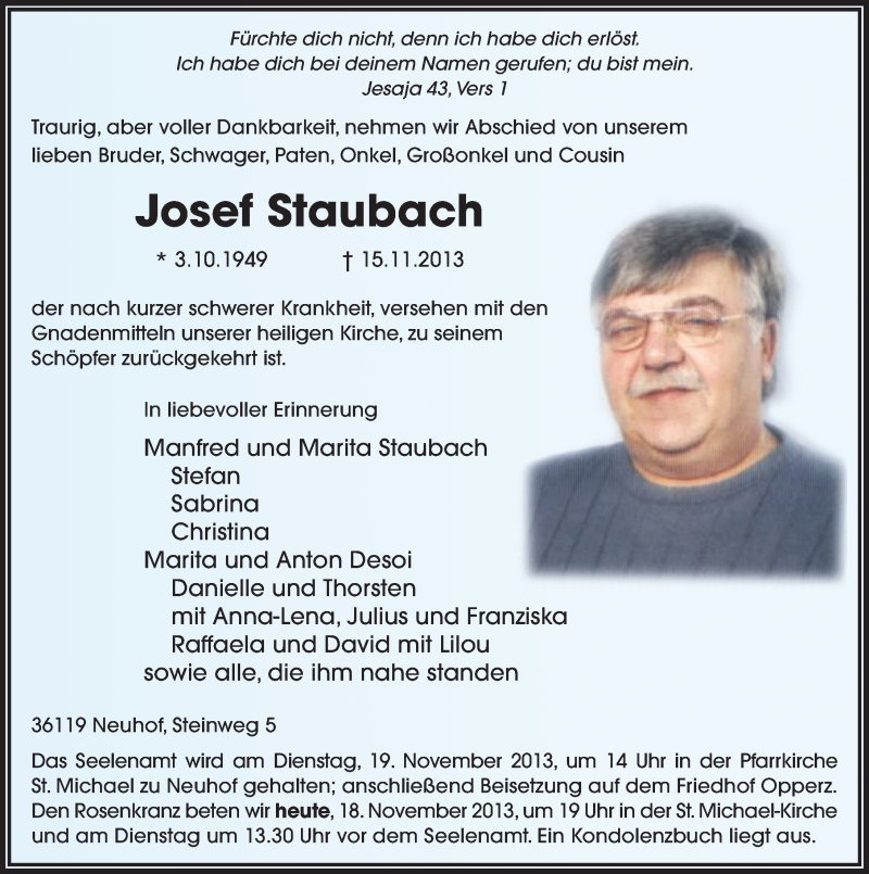  Traueranzeige für Josef Staubach vom 18.11.2013 aus 
