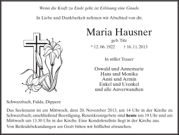 Traueranzeige von Maria Hausner 