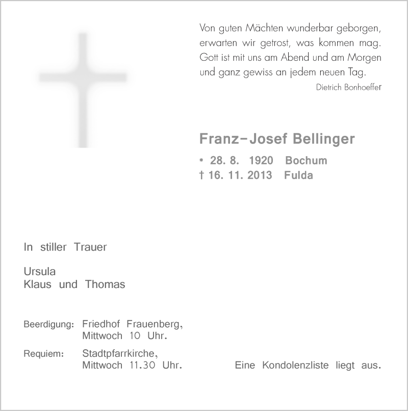  Traueranzeige für Franz-Josef Bellinger vom 19.11.2013 aus 