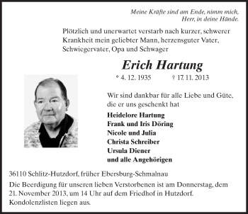 Traueranzeige von Erich Hartung 