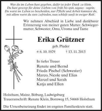 Traueranzeige von Erika Grützner 