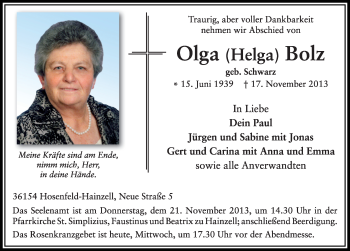 Traueranzeige von Olga Bolz 