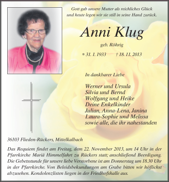 Traueranzeige von Anni Klug 