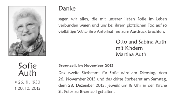 Traueranzeige von Sofie Auth 
