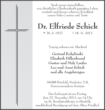 Traueranzeige von Elfriede Schick 