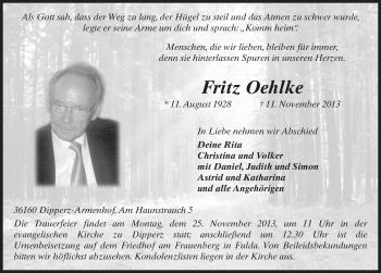 Traueranzeige von Fritz Oehlke 