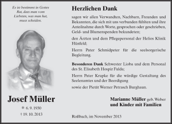 Traueranzeige von Josef Müller 