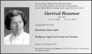 Traueranzeige von Gertrud Rossmar 