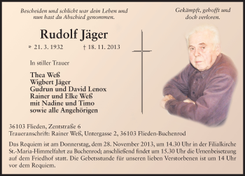 Traueranzeige von Rudolf Jäger 