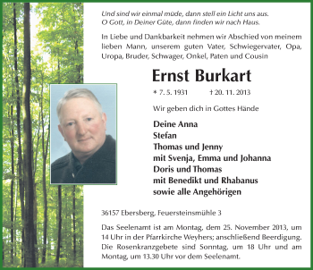 Traueranzeige von Ernst Burkart 