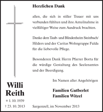 Traueranzeige von Willi Reith 