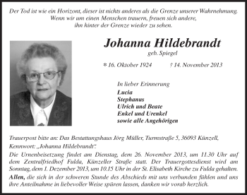 Traueranzeige von Johanna Hildebrandt 