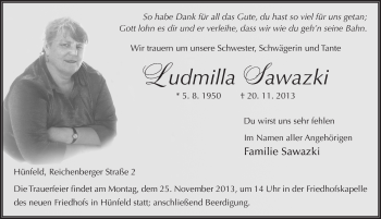 Traueranzeige von Ludmilla Sawazki 