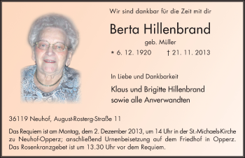 Traueranzeige von Berta Hillenbrand 