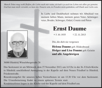 Traueranzeige von Ernst Daume 