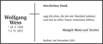 Traueranzeige von Wolfgang Wess 